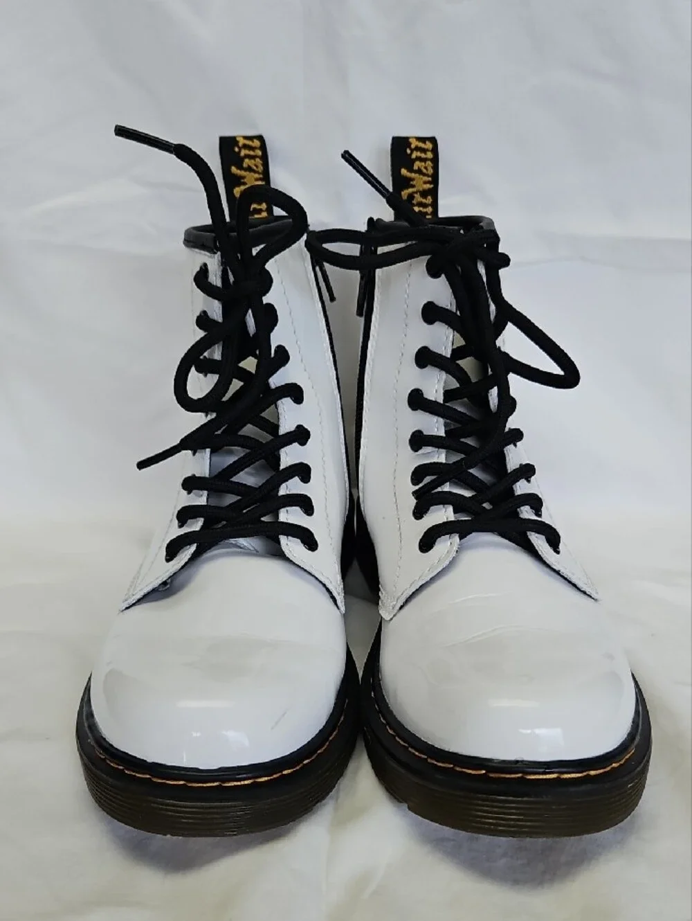 Dr. Martens White Patent Lace-Up Boots with Black Laces
